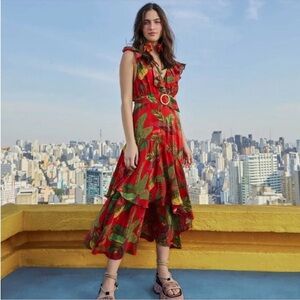 NWT Farm Rio Red Forest Birds Maxi Dress